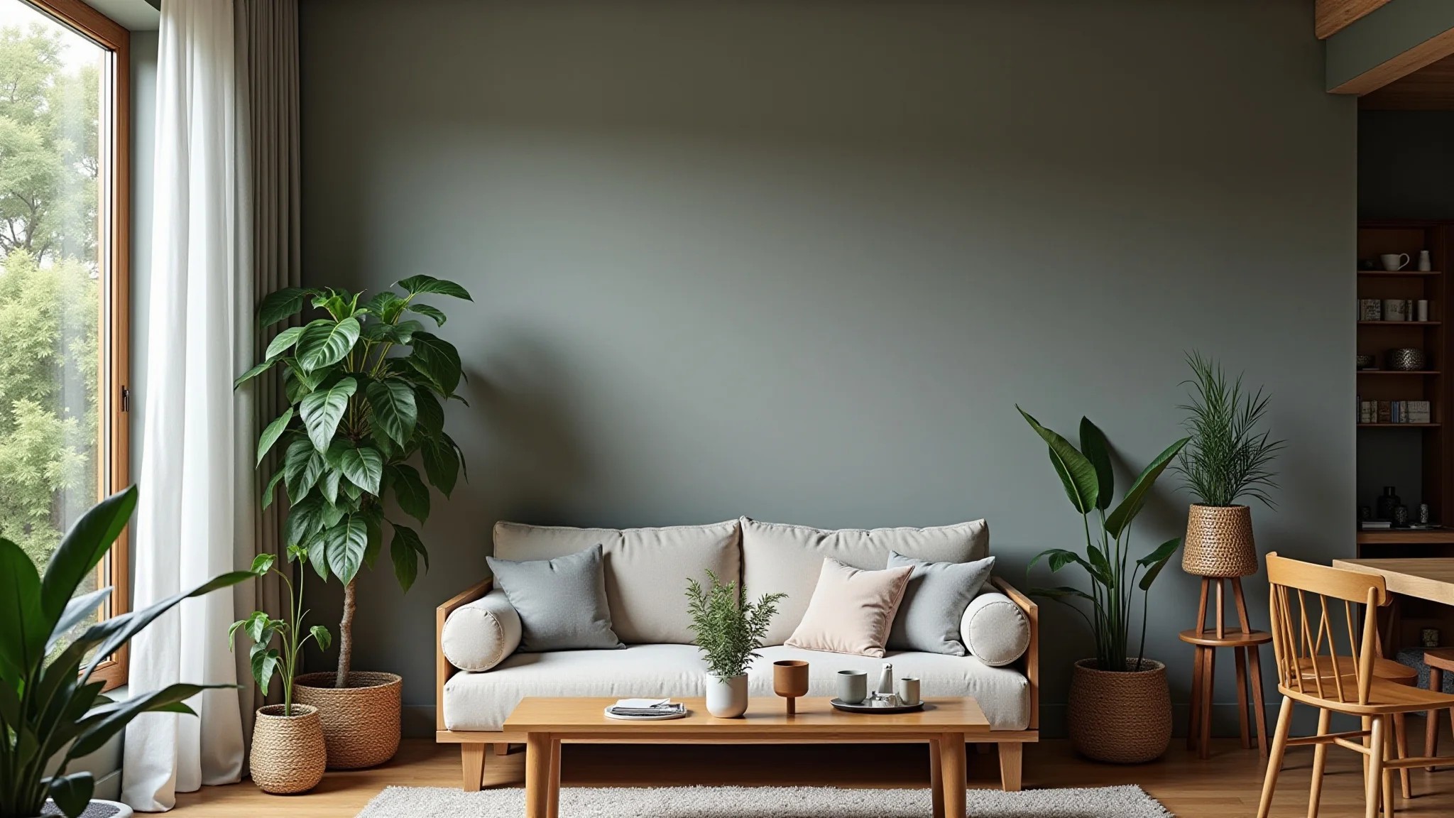 Sala de estar cinza com plantas verdes, luz natural e móveis de madeira.
