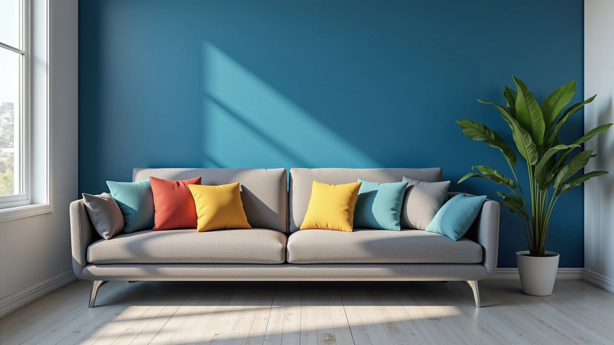 Sofá cinza com parede azul e almofadas coloridas em sala com estilo brasileiro.