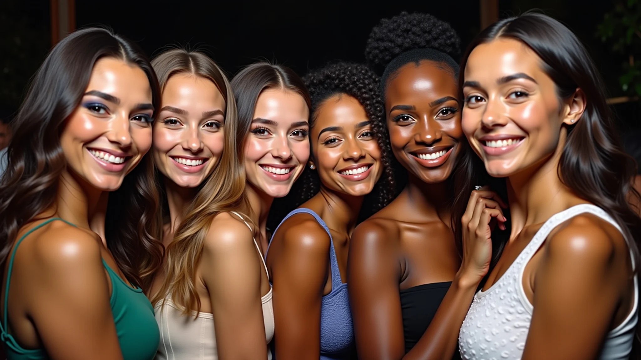 Amigas brasileiras com maquiagens glamourosas para festa.