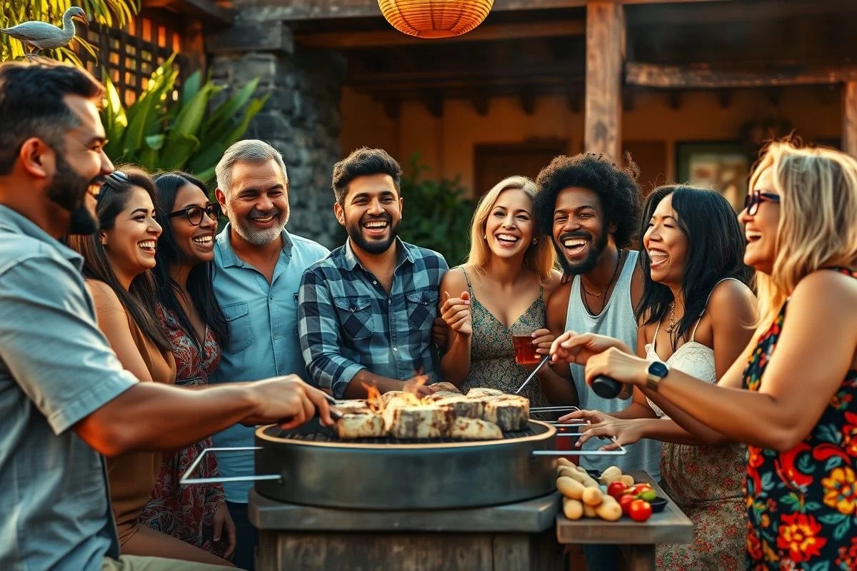 Amigos brasileiros rindo em churrasco. Alegria e amizade no Brasil.