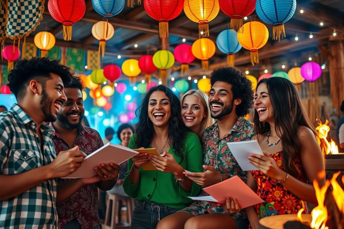 Amigos brasileiros escrevendo bilhetes em festa junina, simbolizando diversão e amizade no correio elegante