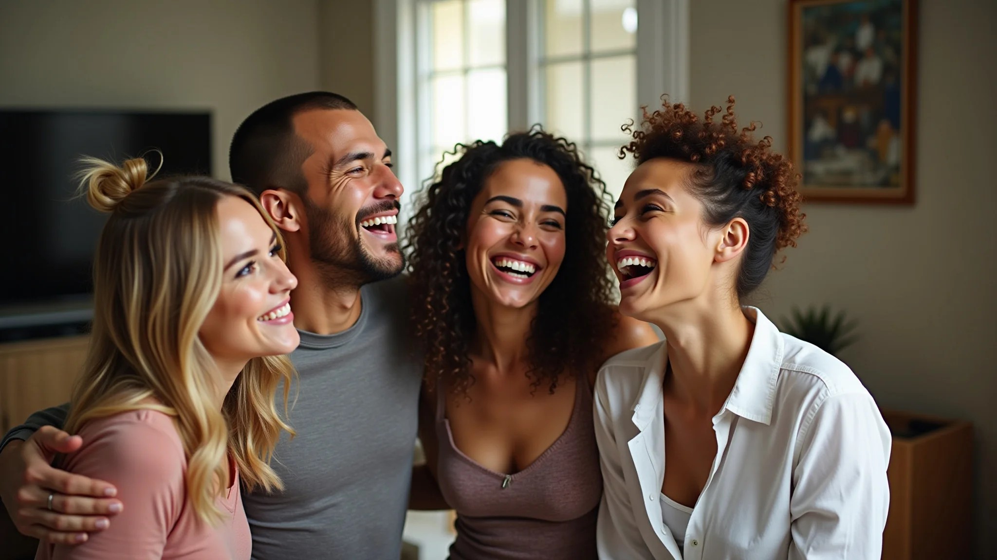 Amigos brasileiros em apartamento aconchegante, mostrando a energia positiva do lar.