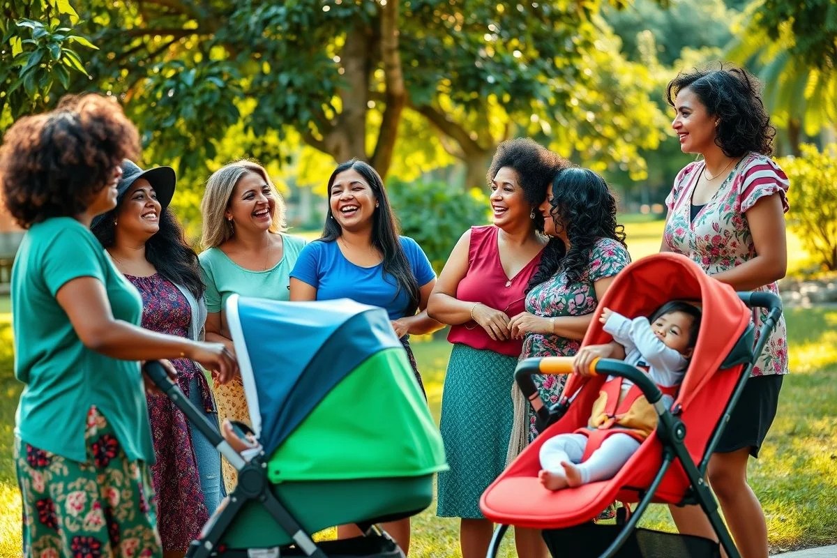 Grupo de mães brasileiras diversas conversando em parque com bebês