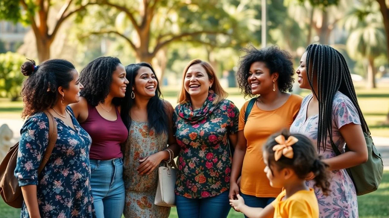 Grupo de mães brasileiras diversas conversando e rindo em parque. Apoio materno.