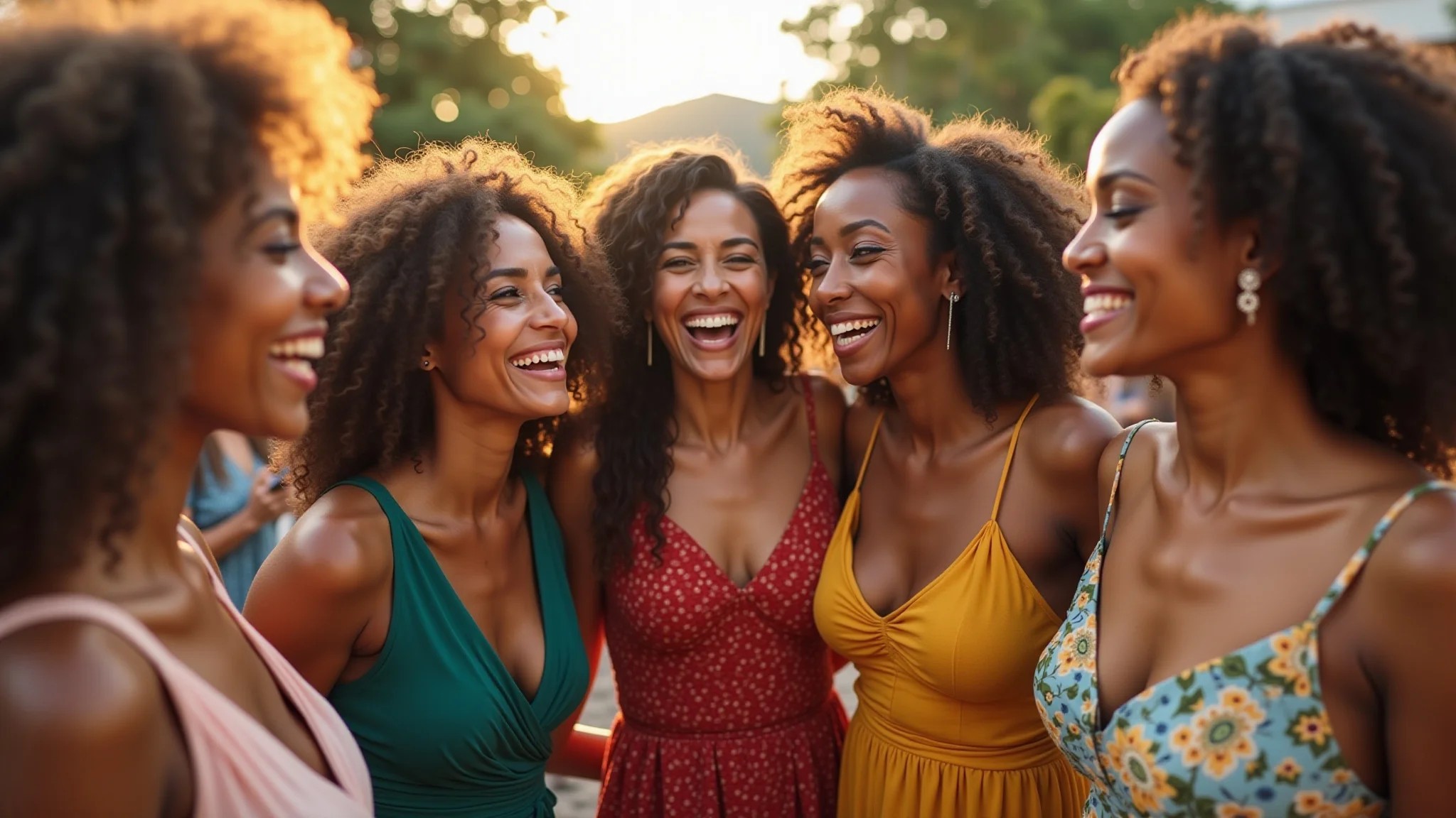 Grupo de mulheres brasileiras diversas rindo, vestindo vestidos coloridos em recepção de casamento ao ar livre.