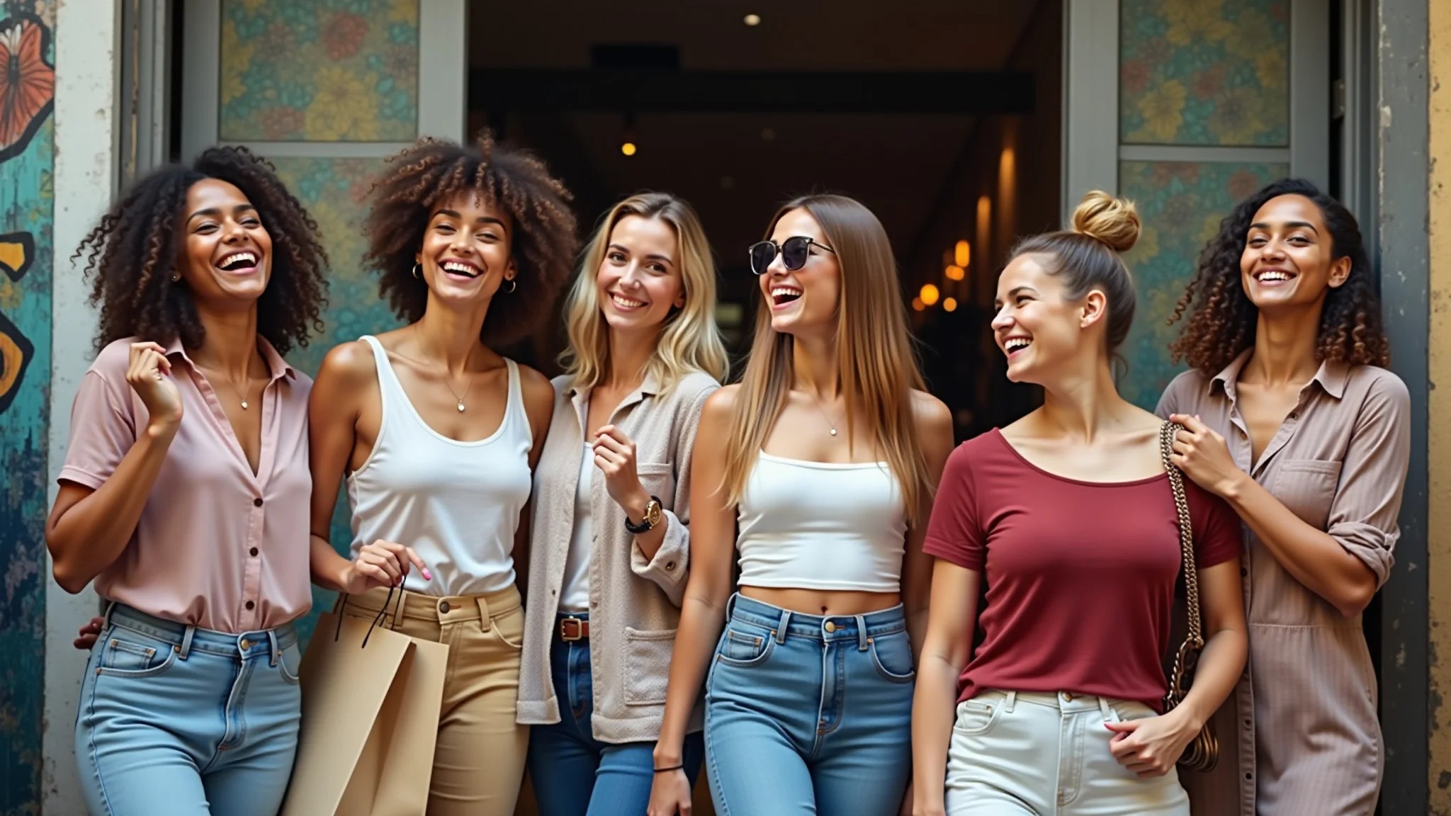 Amigas saindo de bazar de moda no Brasil, sacolas de compras, rindo.