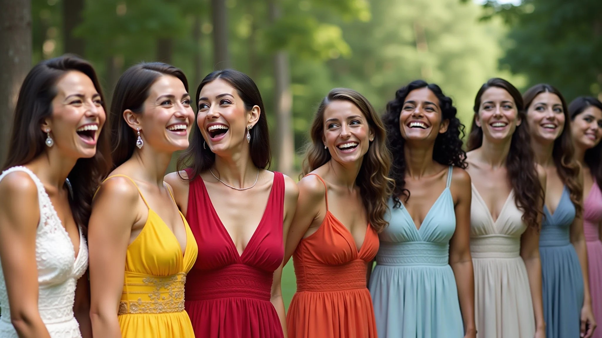Grupo diverso de mulheres em casamento ao ar livre, vestindo vestidos coloridos.
