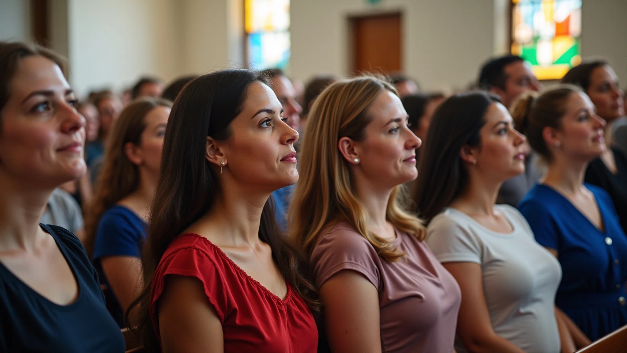 Grupo de mulheres diversas vestidas formalmente em missa de formatura.