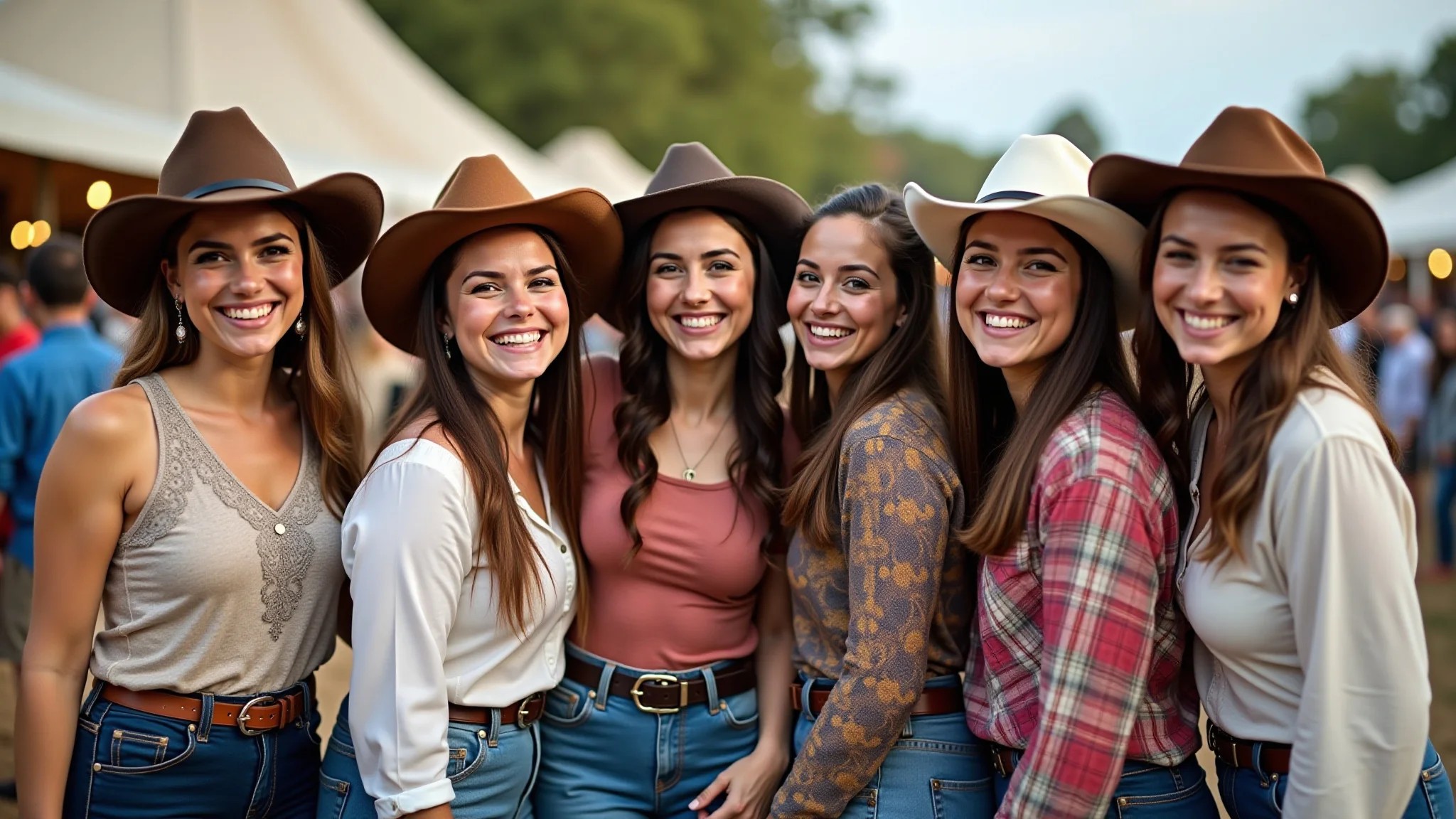 Grupo de amigas em looks country com botas e chapéus em festival sertanejo.