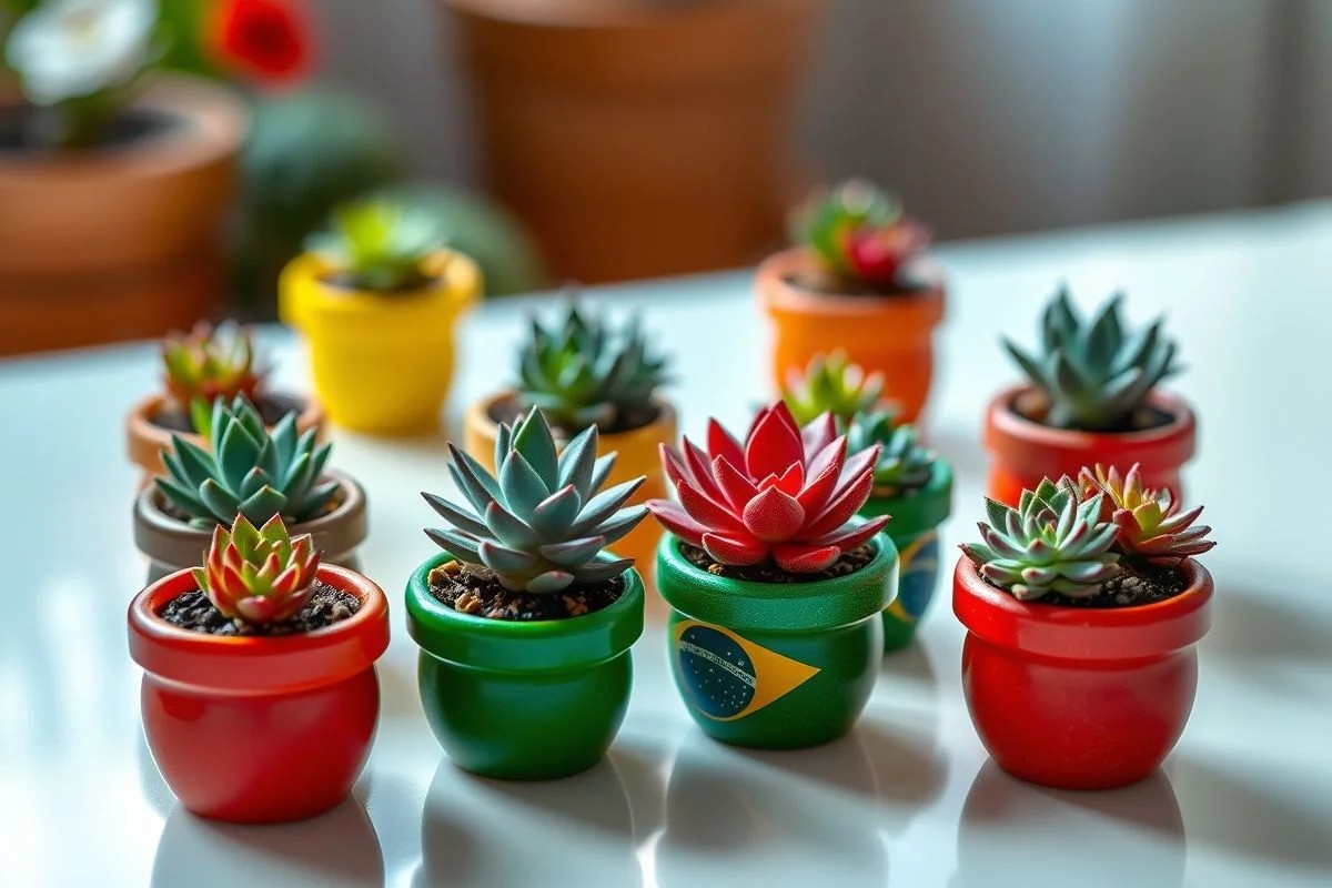 Vasinhos de suculentas decorados com as cores da bandeira do Brasil.