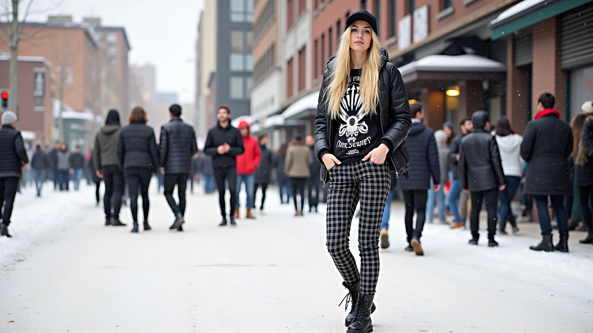 Moda grunge rock: calça xadrez, camiseta de banda e coturno em festival de inverno ao ar livre.