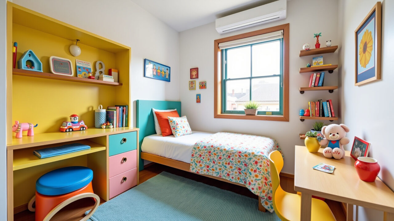 Quarto de hóspedes infantil decorado com cores vibrantes e brinquedos.