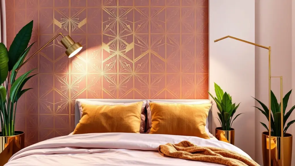 H3: Quarto Rosa e Dourado Moderno: Detalhes Geométricos
