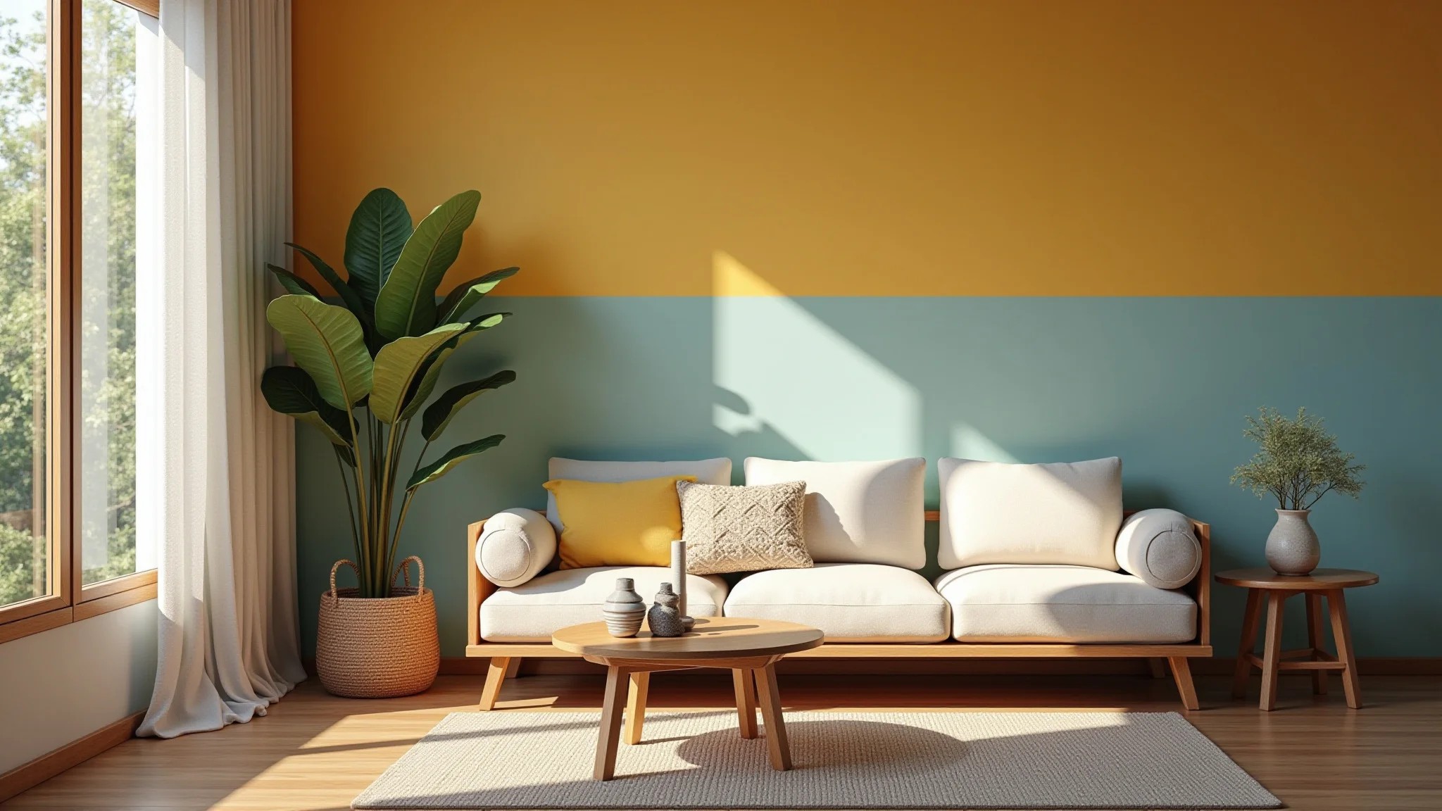 Meia parede pintada em sala aconchegante, decoração brasileira, luz natural.