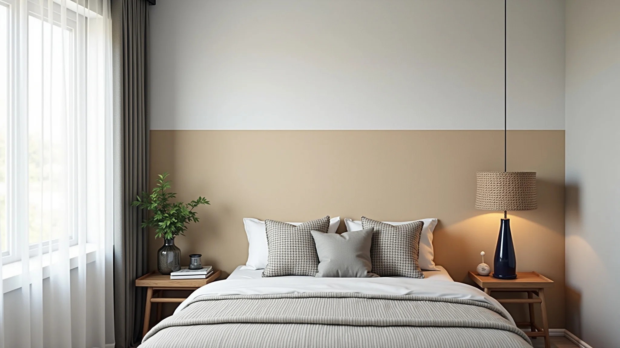 Meia parede com papel de parede em quarto pequeno, design moderno, cores claras.