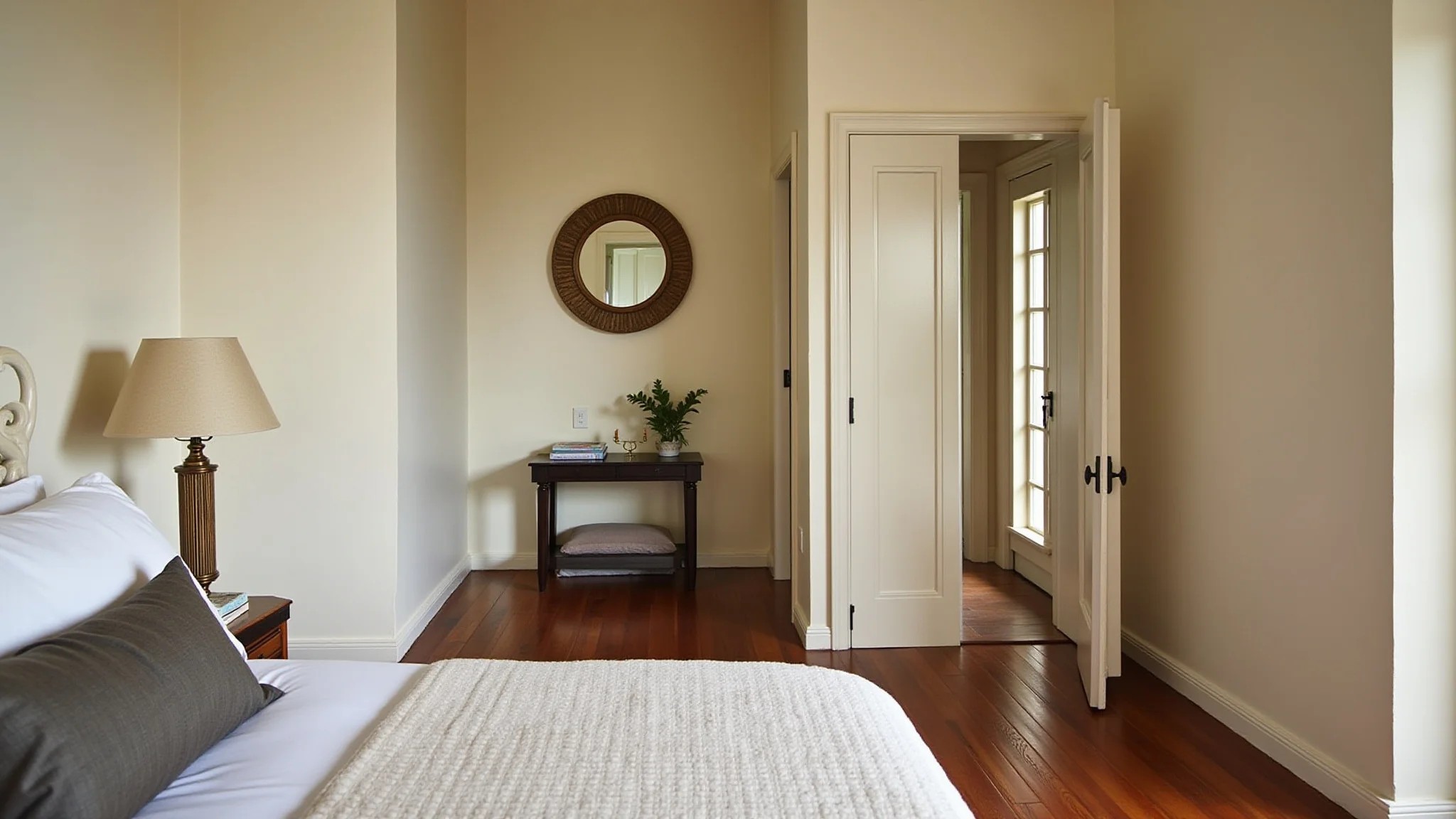 Hall de quarto com espelho redondo e mesa pequena, iluminação natural, estilo Farm Rio.