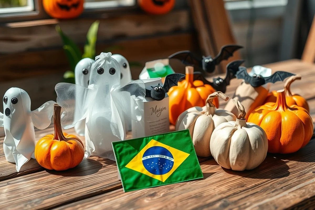 Decorações de Halloween sustentáveis feitas com materiais reciclados no Brasil