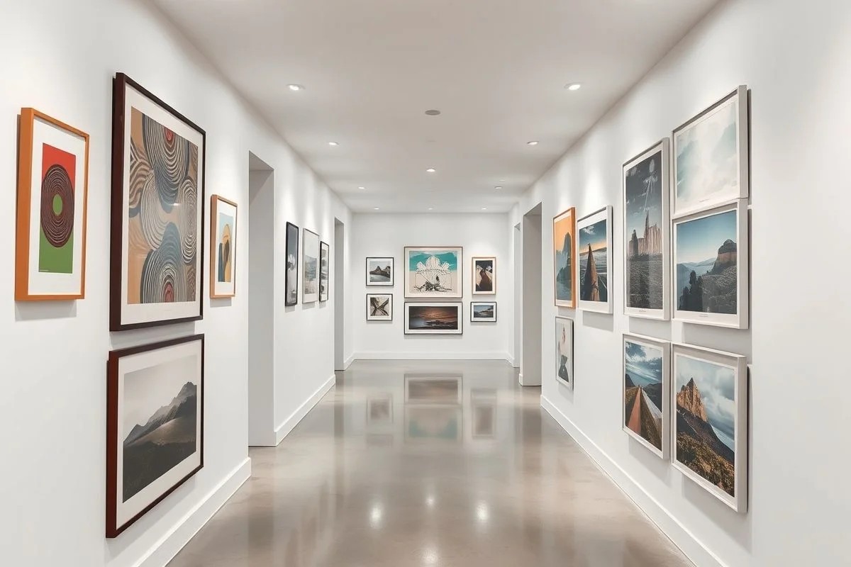Corredor transformado em galeria de arte com quadros diversos.