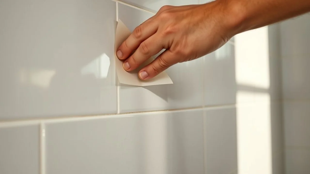 Aplicação de pastilha adesiva na parede do banheiro, DIY.