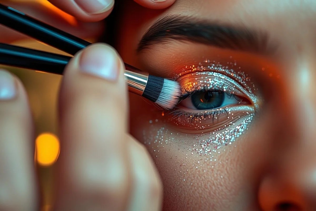 Aplicação de glitter na pálpebra com pincel