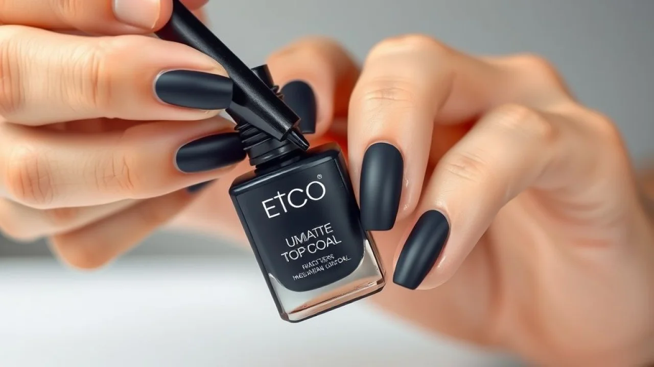 Hand applying matte top coat over already painted nails, transforming glossy finish to matte, soft Top coat matte transformando esmalte comum em matte, efeito fosco instantâneo.