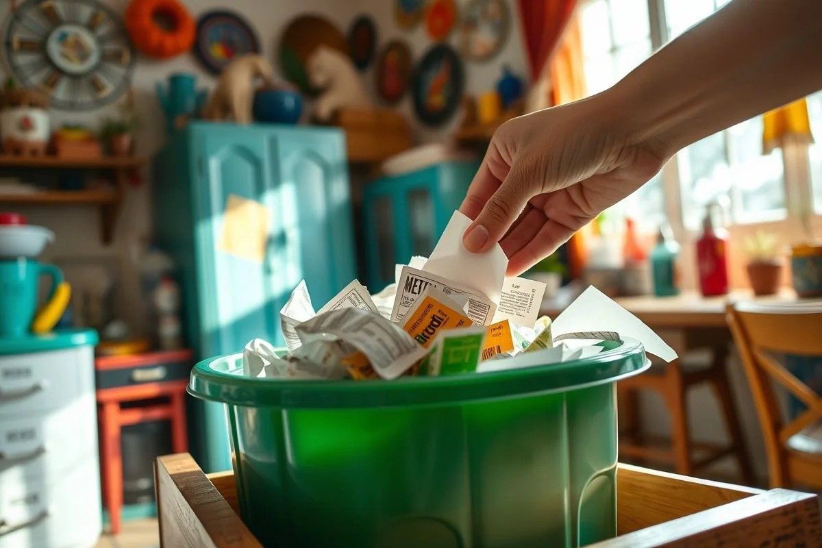 Mão descartando itens de uma gaveta em uma lixeira de reciclagem.