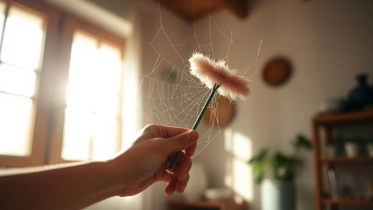 Removendo teia de aranha com espanador em casa brasileira ensolarada.