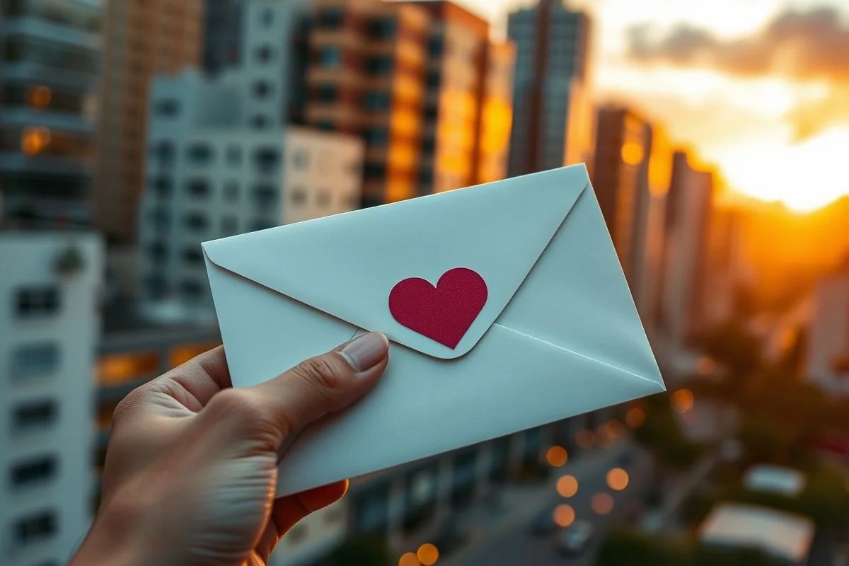 Envelope decorado com adesivo de coração, simbolizando afeto e romance no correio elegante brasileiro