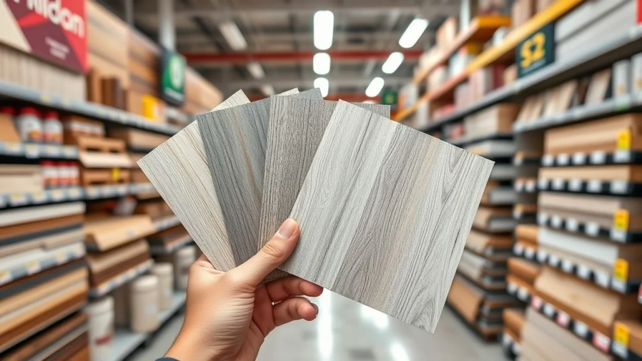 Amostras de diferentes tipos de piso vinílico: régua, placa e manta, em uma loja de materiais de construção.