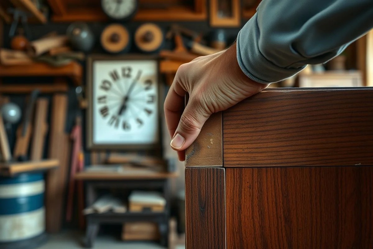 Detalhe de encaixe em madeira de cômoda clássica, mostrando qualidade