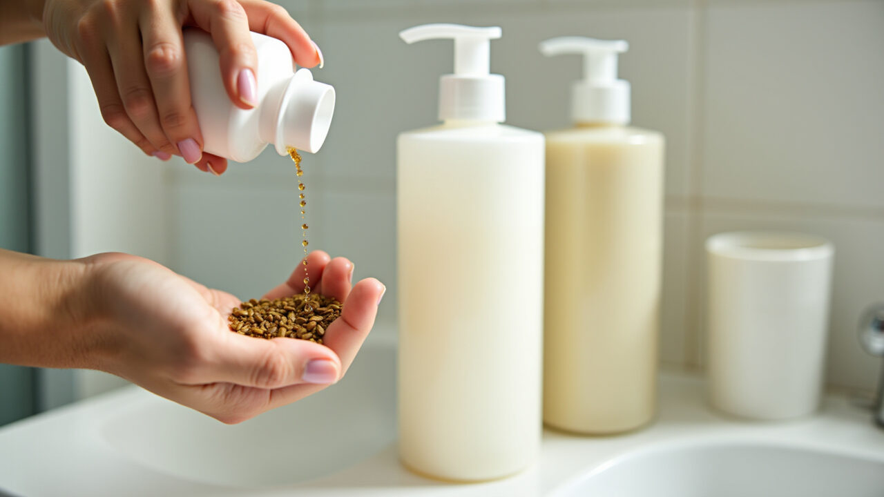 Shampoo caseiro com extrato de folha de goiabeira para limpeza suave.