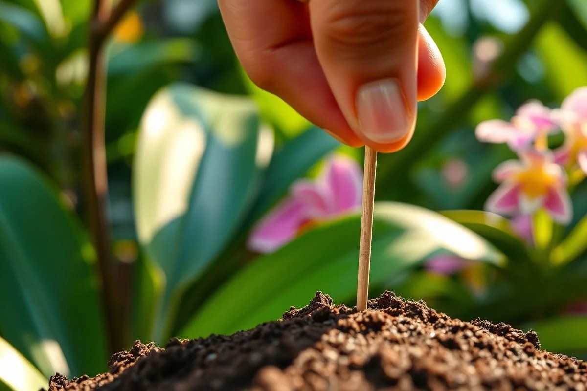 Teste do palito sendo realizado no substrato de uma orquídea para verificar a umidade.