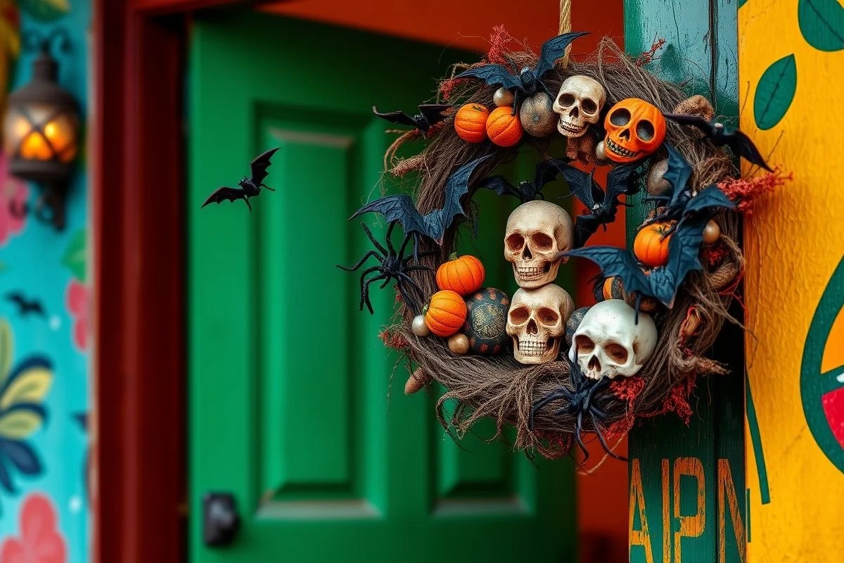 Guirlanda de Halloween artesanal decorando porta de entrada no Brasil