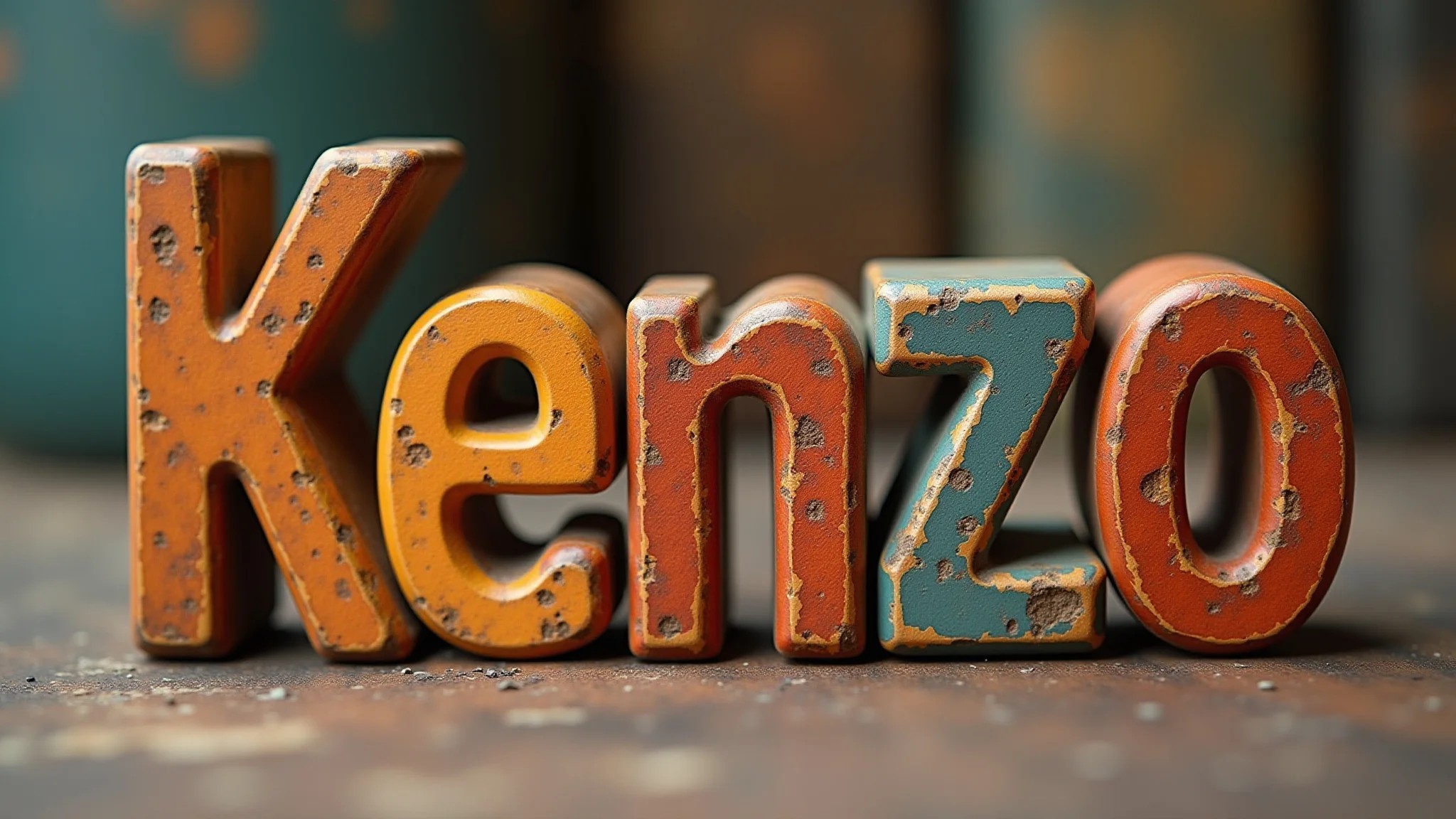 Blocos de madeira artesanais soletando o nome 'Kenzo', estilo artesão brasileiro.
