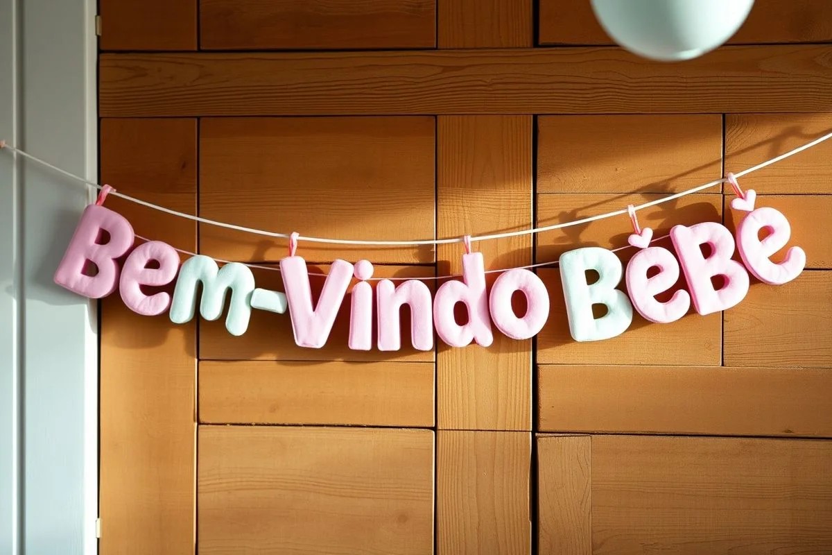 Guirlanda artesanal 'Bem-Vindo Bebê' em feltro pastel, decoração de chá de bebê.