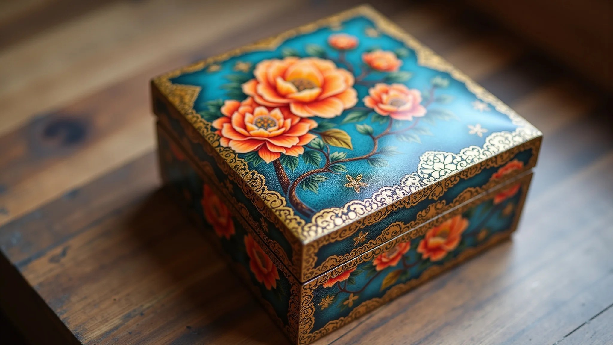 Caixa de joias artesanal com pintura Bauernmalerei, cores vibrantes e padrões florais.