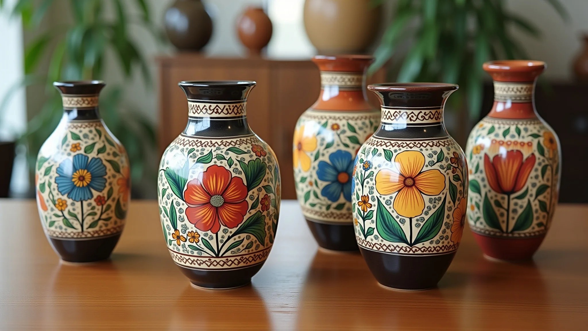 Vasos de cerâmica artesanais com estampas florais brasileiras coloridas.
