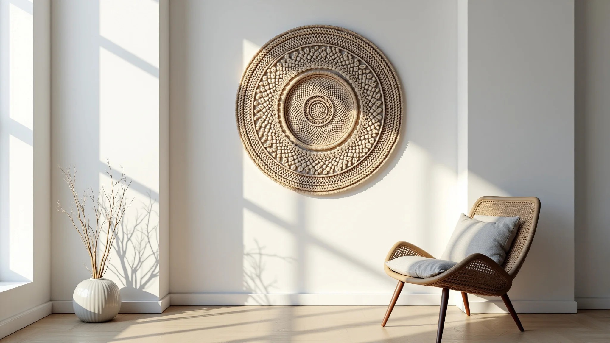 Mandala artesanal pendurada em parede branca, decoração minimalista brasileira.
