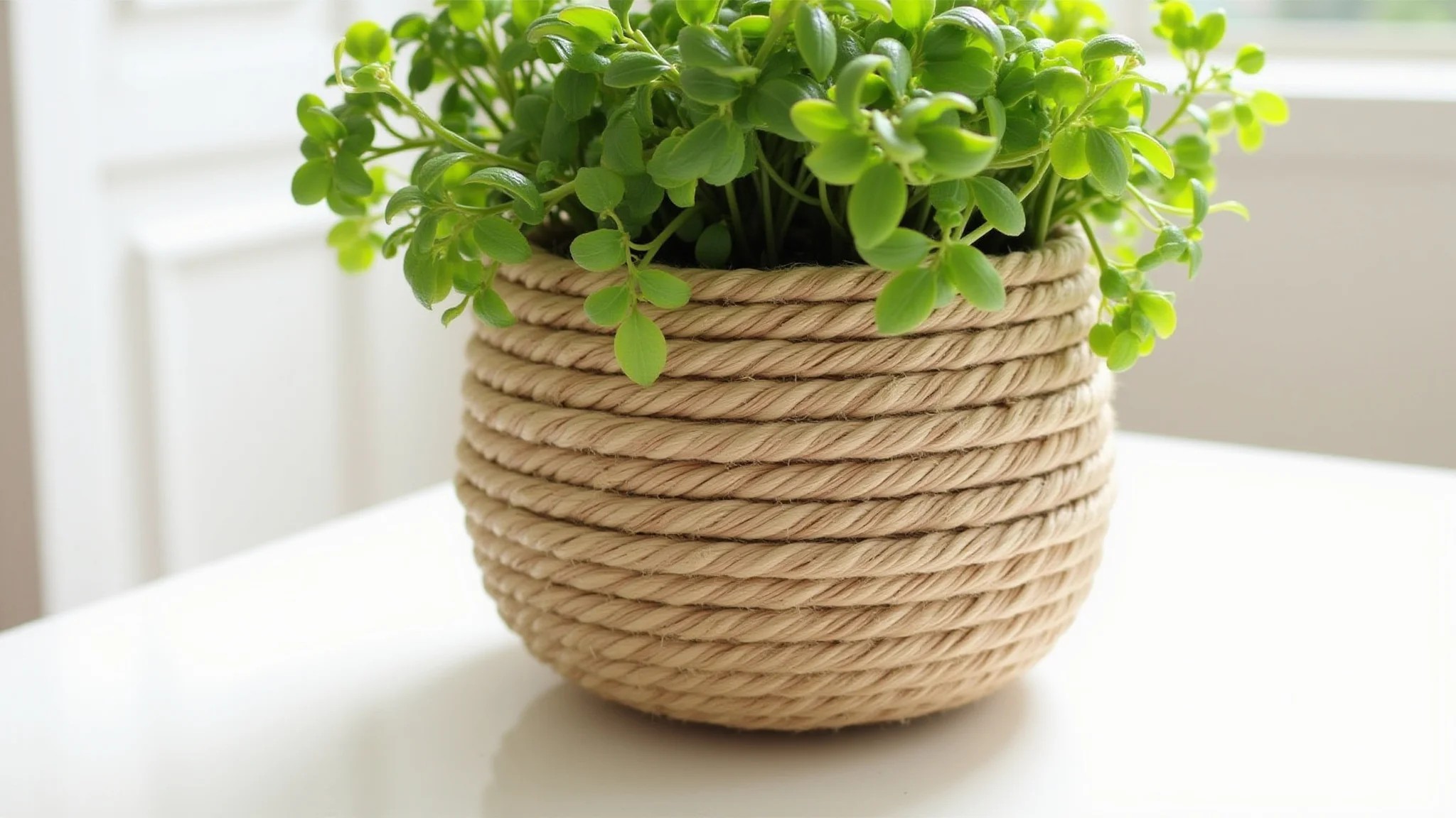 Cachepot de corda de sisal feito à mão com planta verde vibrante, estilo Farm Rio.