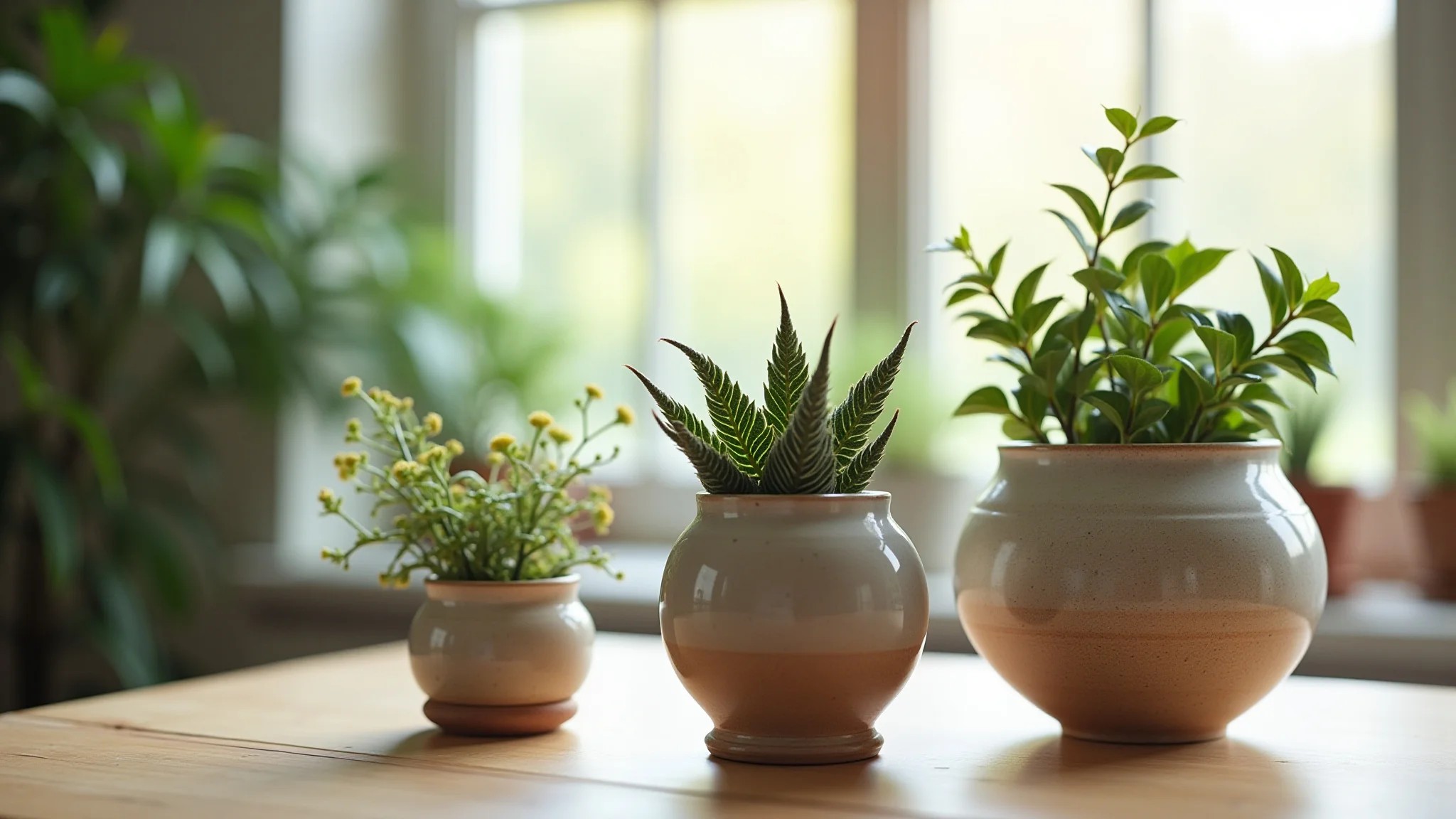 Vasos e cachepots artesanais com plantas em ambiente iluminado.