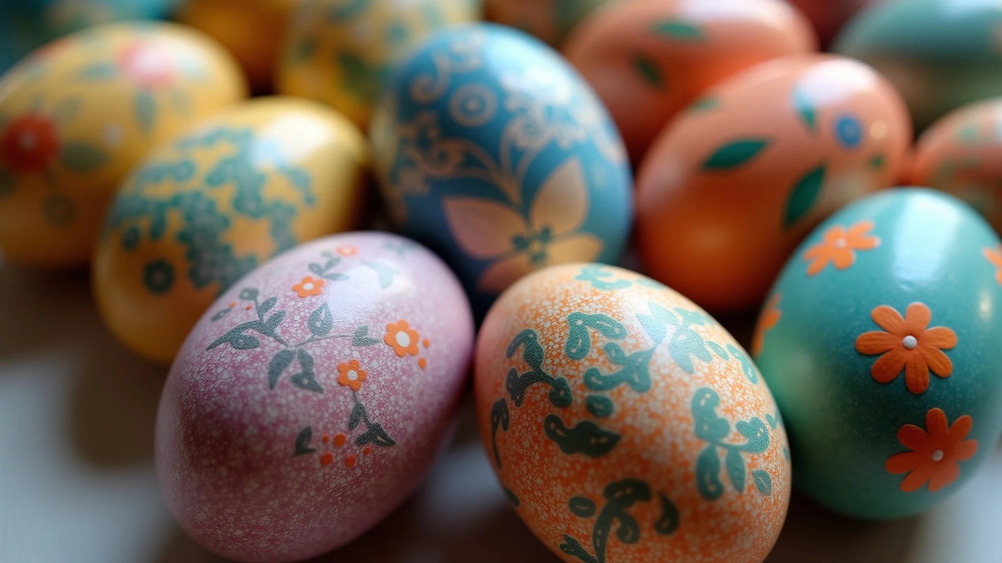 Ovos de Páscoa pintados à mão com desenhos detalhados e cores vibrantes.