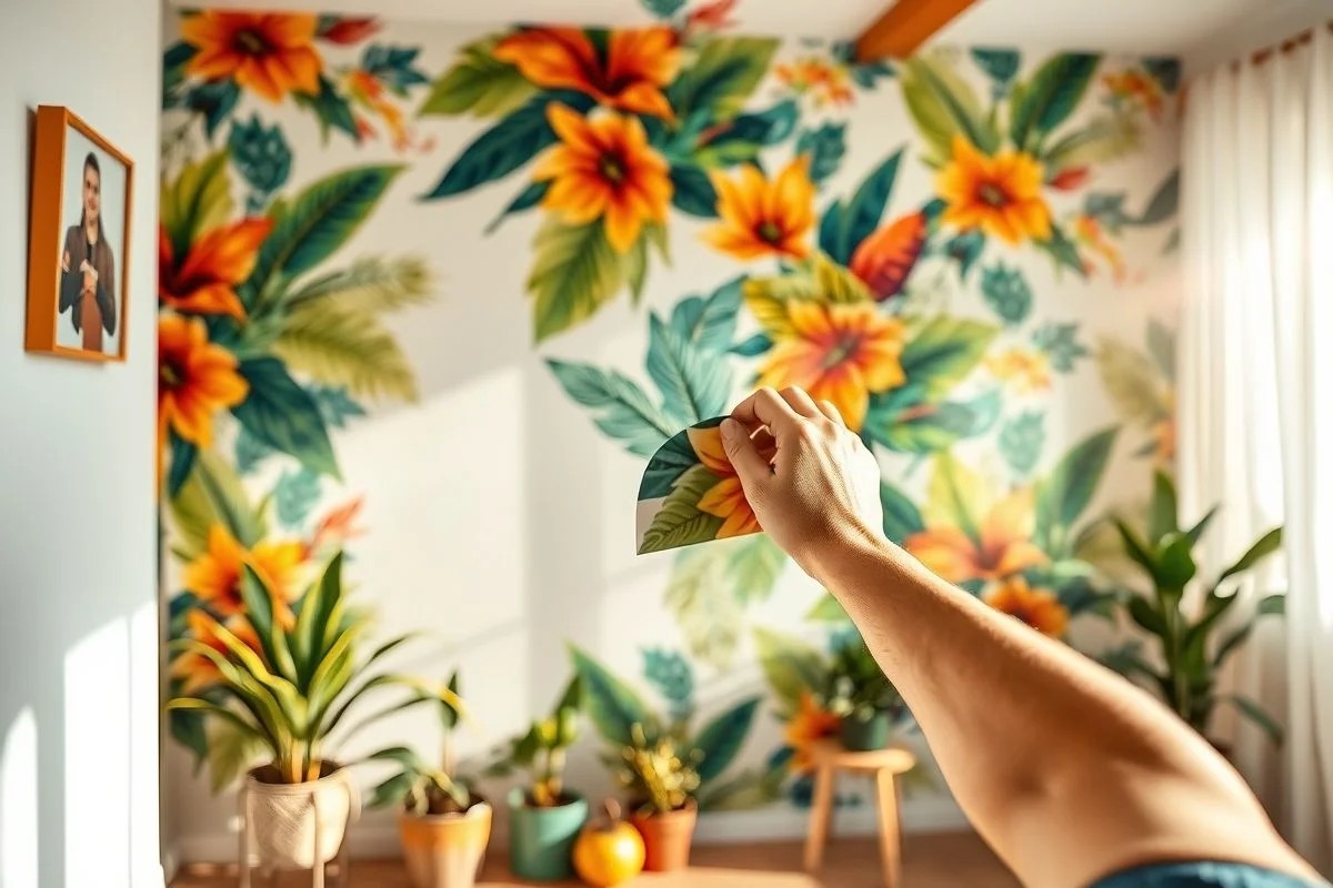 Mãos aplicando papel de parede autoadesivo em parede lisa, fácil aplicação.
