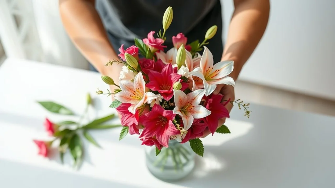 Mãos montando arranjo de flores artificiais em vaso, passo a passo.