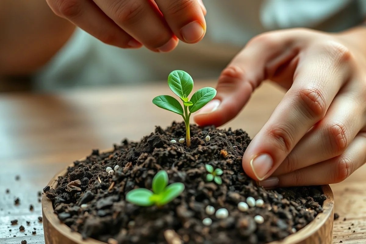 Mãos montando kit de jardinagem, simbolizando crescimento e esperança.