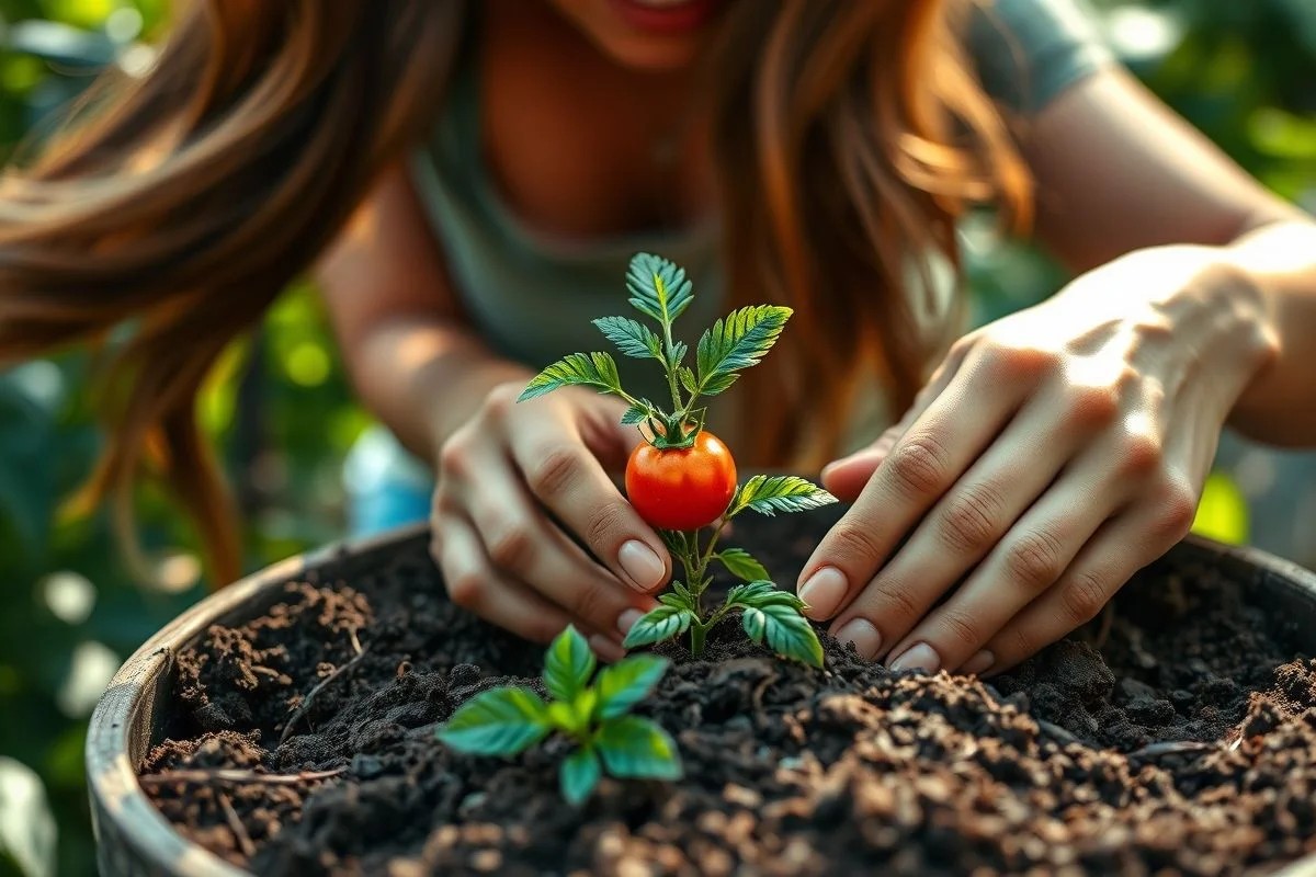 Mãos plantando muda de tomate em vaso, jardinagem no Brasil.