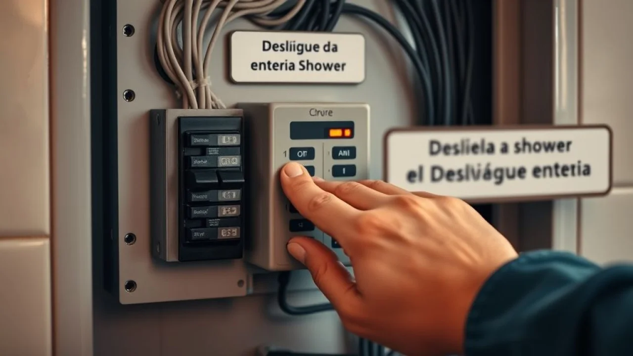 Mãos desligando disjuntor com etiqueta 'Chuveiro'. Segurança ao instalar chuveiro elétrico.