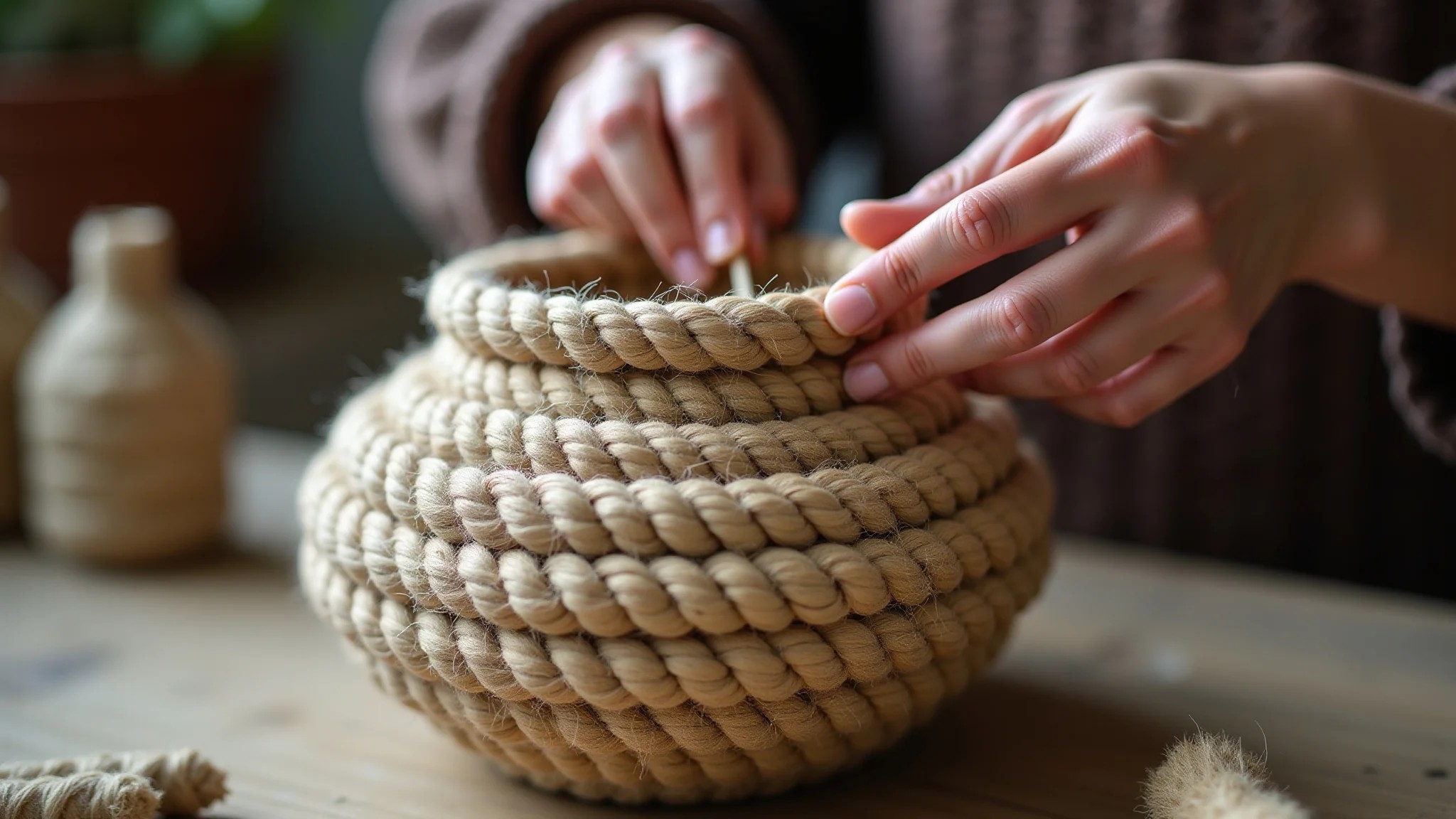 Mãos criando um cachepot de corda de sisal, close-up, tutorial DIY.