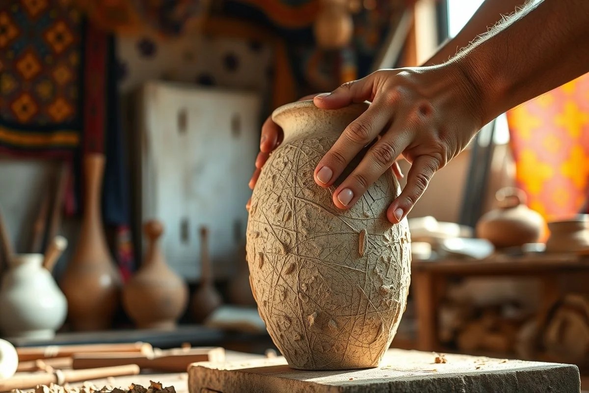 Artesão brasileiro modelando vaso de argamassa texturizado em oficina ensolarada.