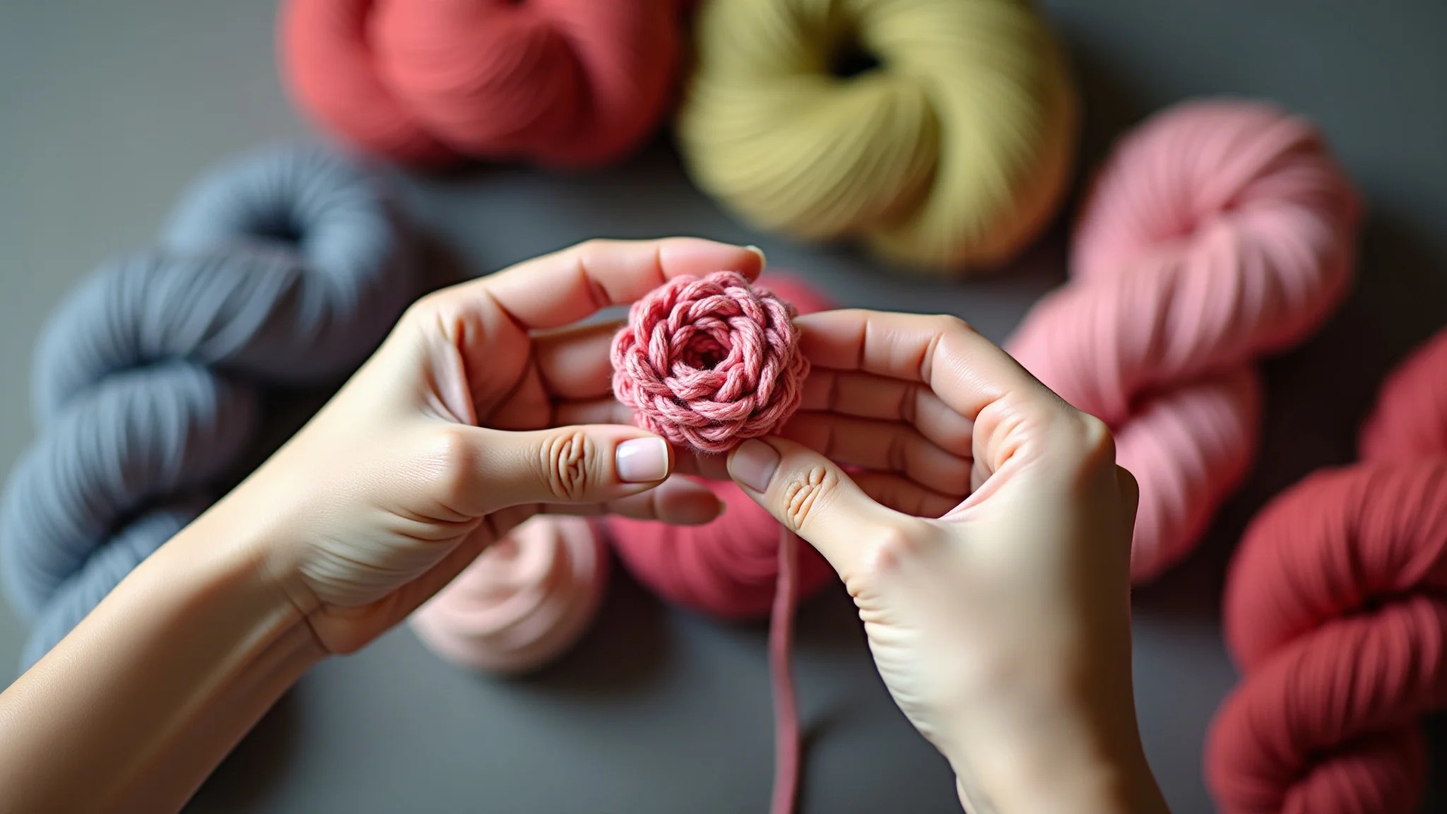 Mãos habilidosas crocheteando uma rosa rosa delicada, com novelos coloridos ao fundo.