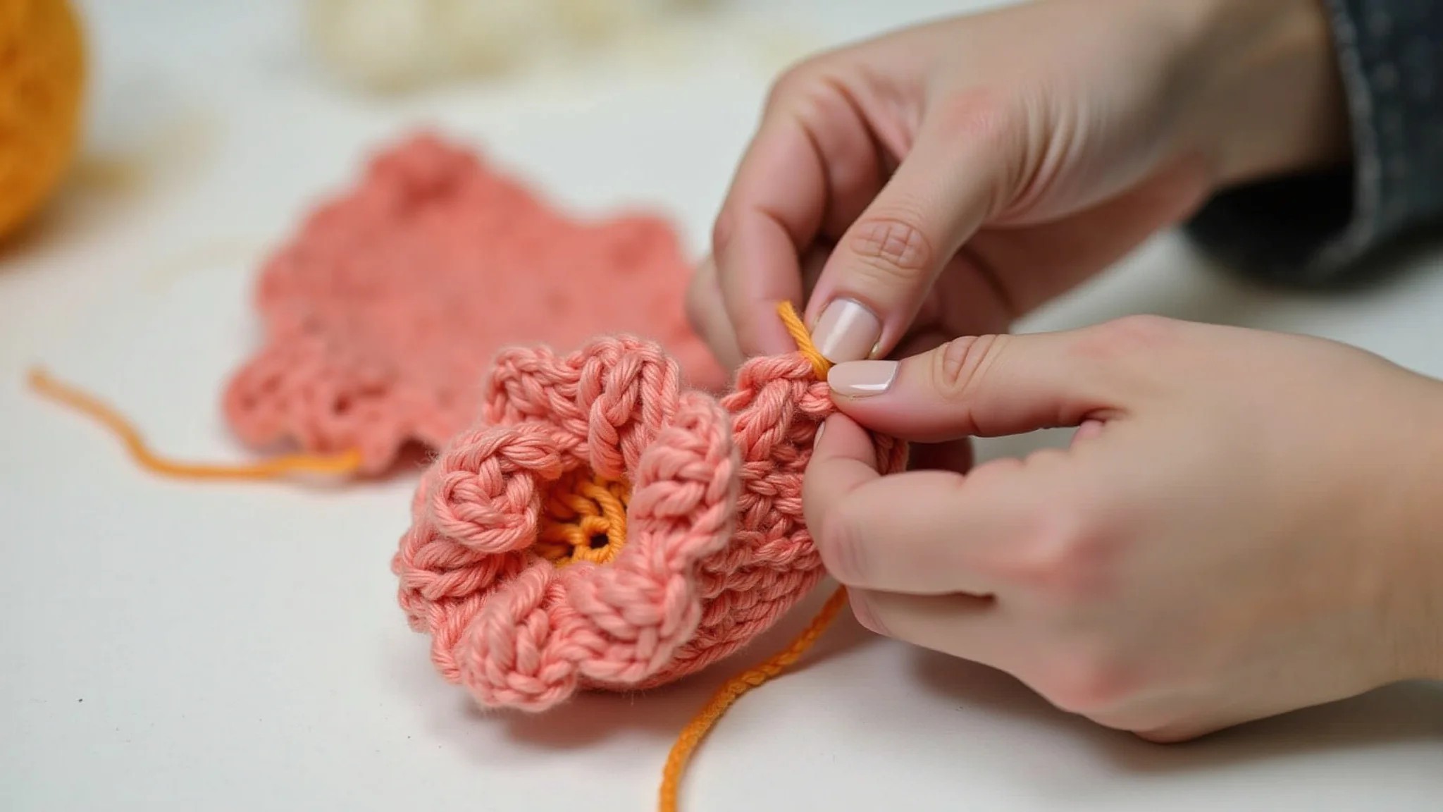 Mãos crocheteando uma flor usando ponto puff, close-up, foco suave.